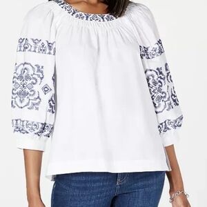 Tommy Hilfiger White Peasant Blouse with Navy Embroidery